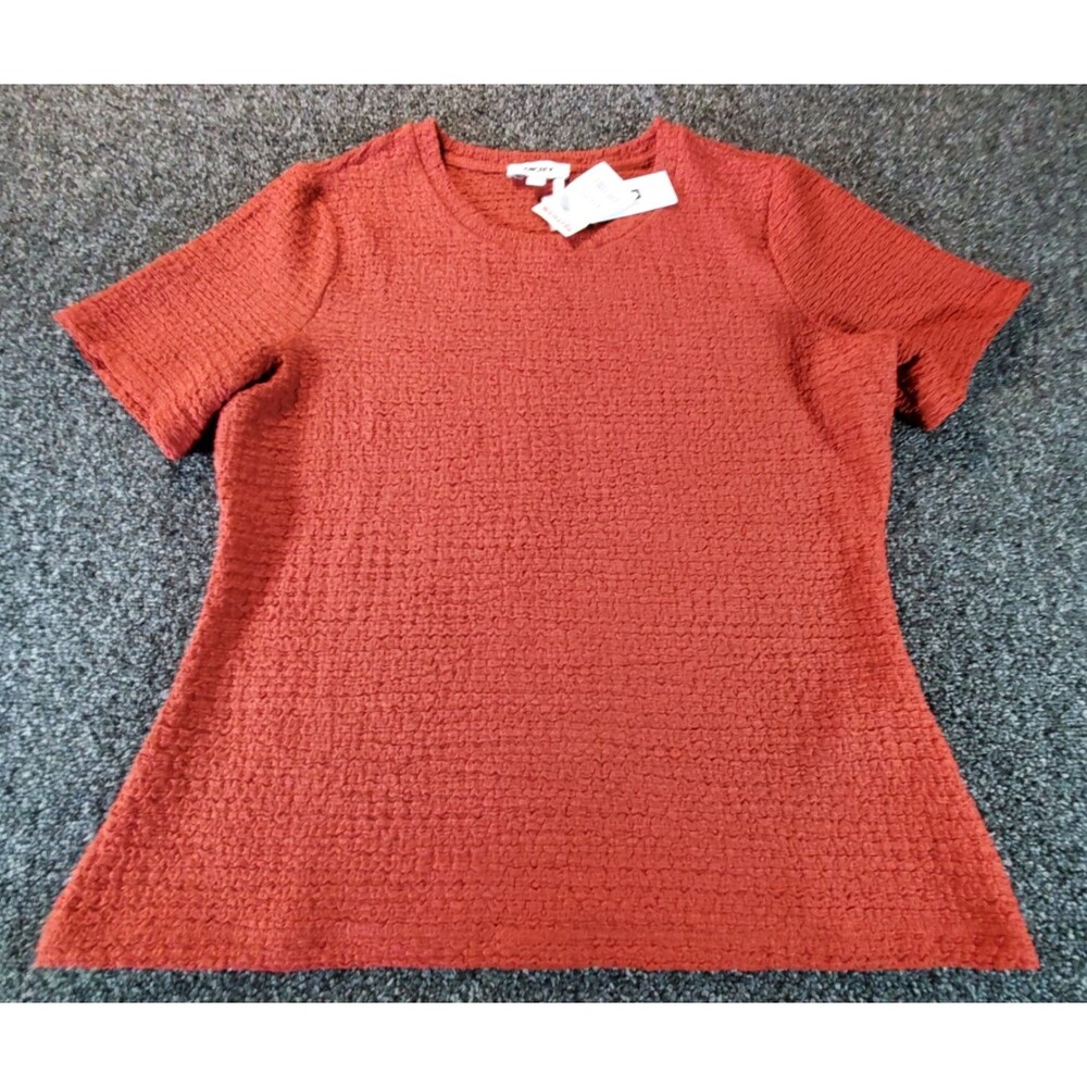 DKNY Top Womens Medium Textured Pucker Knit Burnt Orange Stretch Short Sleeve